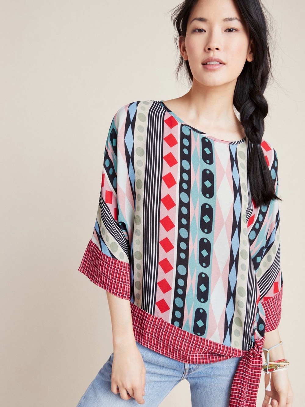 Anthropologie Geometric Tie-Waist Blouse — Red, Blue & Cream
